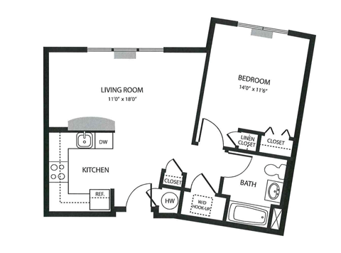 Floor plan for 1 bed, 1 bath, 656 sqft